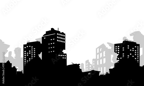 Grunge silhouette of a damaged city skyline with ruined and intact buildings in black, representing post-apocalyptic urban destruction, war aftermath