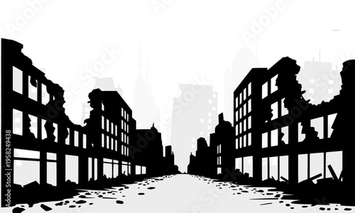 Grunge silhouette of a destroyed city street with ruined buildings on both sides, representing post-apocalyptic urban decay, war damage, and abandoned cityscape concept on light background