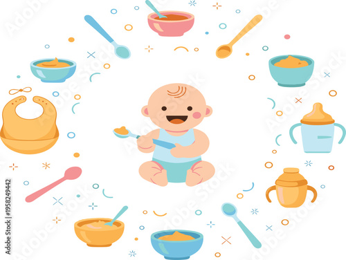 Happy Baby Eating Puree Circular Illustration with Spoon Bowls Bib and Feeding Accessories for Infant Nutrition Design.