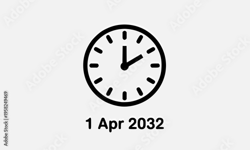 Minimalist clock icon with April 1, 2032 date label, representing future time, deadline, countdown, and calendar scheduling concept on light background