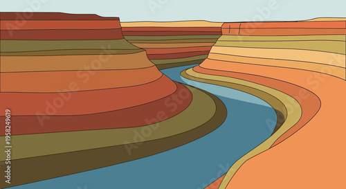 Layered Canyon Landscape with River, Geological Strata, Earth Tones