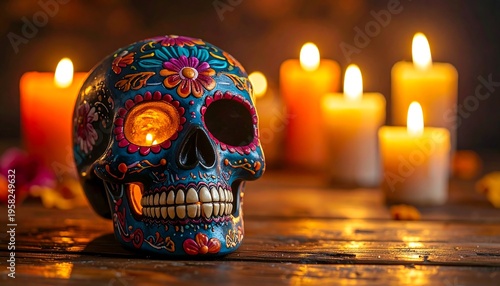 Day of the Dead Sugar Skull with Candles.