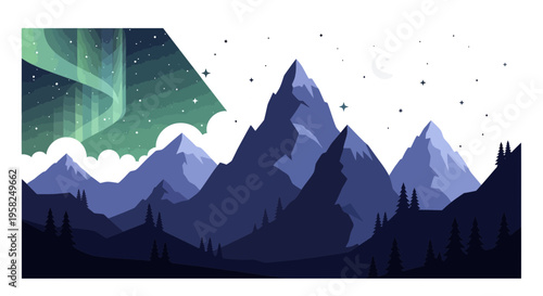 Majestic Mountain Landscape with Aurora Borealis and Starry Night Sky