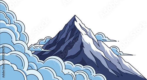Majestic snow-capped mountain peak emerging from swirling clouds, minimalist illustration