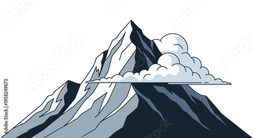 Majestic Snowy Mountain Peak with Clouds, High Altitude Landscape