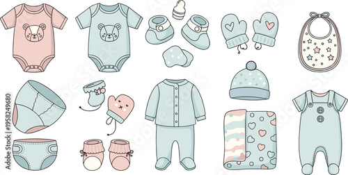 Baby Clothing and Accessories Vector Set with Onesies, Booties, Mittens, Hats, Bibs, and Blankets for Infant and Newborn Fashion Design