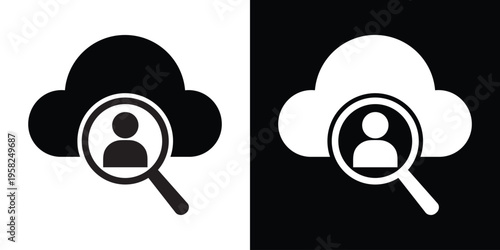 Professional icon showing a cloud with a magnifying glass over a user silhouette. Represents online recruitment, HR talent scouting, searching for personnel, and cloud-based job hunting.