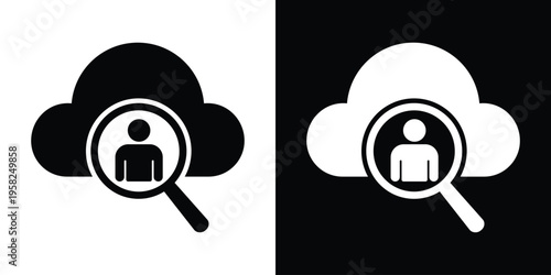 Professional icon showing a cloud with a magnifying glass over a user silhouette. Represents online recruitment, HR talent scouting, searching for personnel, and cloud-based job hunting.