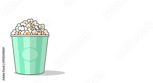 Mint Green Popcorn Bucket Full of Popcorn, Isolated on White Background