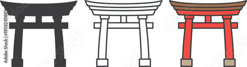 Temple gate three torii or gate red and dark brown, traditional Japanese shrine entrance