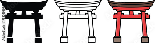 Temple gate three torii or gate red and dark brown, traditional Japanese shrine entrance