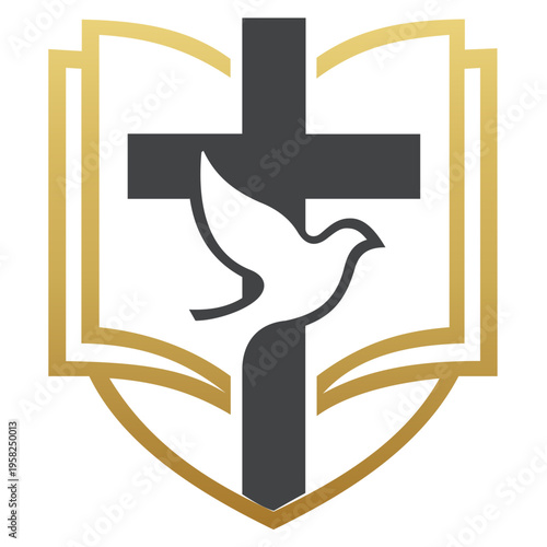 Christian Church Logo with Cross, Holy Bible and Dove on Shield. Minimalist vector illustration of a black cross, an open gold book, and a white dove silhouette set against a shield backdrop.