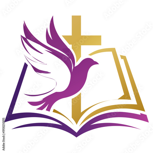 Spiritual Church Emblem with Purple Dove and Golden Bible. Dynamic religious vector graphic featuring a stylized purple dove flying over an open golden Bible with a cross in the background. 