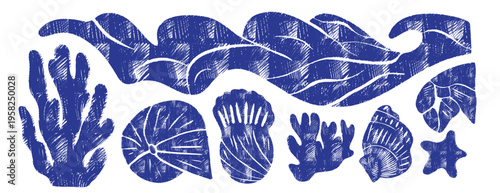 Blue marine set with shells and coral. Artistic texture made with crayon, charcoal, chalk, ink, linocut, and woodcut. Naive nautical waves and starfish for summer beach posters and sea decor