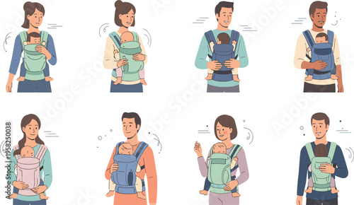 Parents Using Baby Carrier Vector Set with Mothers and Fathers Wearing Infants in Front Carry Positions for Parenting and Childcare Illustration.
