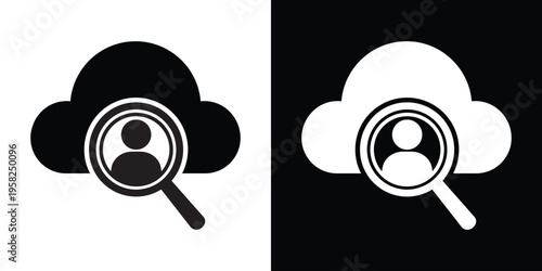 Professional icon showing a cloud with a magnifying glass over a user silhouette. Represents online recruitment, HR talent scouting, searching for personnel, and cloud-based job hunting.