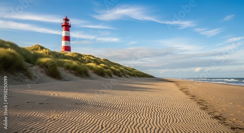 Red and white striped lighthouse standing on grassy sand dunes overlooking vast empty beach and North Sea under blue sky for coastal landmark travel photography
