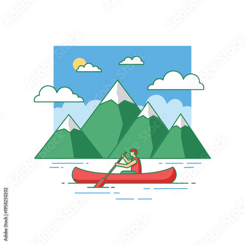Person paddling red canoe on calm water.