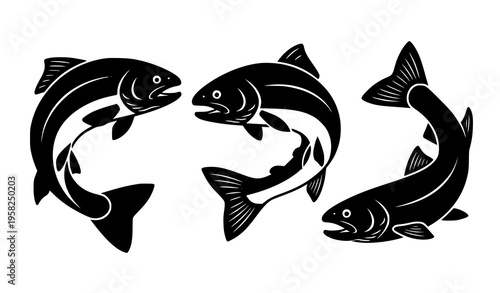 Three Trout Fish Silhouette Icons in Swimming Poses Freshwater Fish Vector Set on White Background