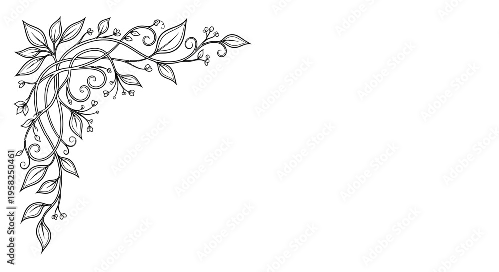 Obraz premium Ornate Floral Corner Design Element, Black and White Swirls and Leaves