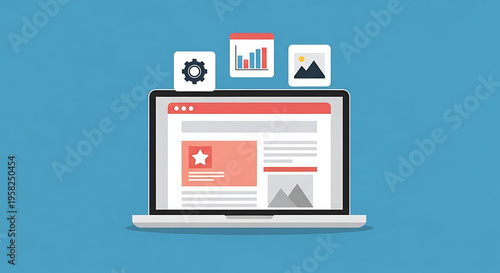 A laptop displays a webpage with graphics and icons floating above it on a blue background with a white section.