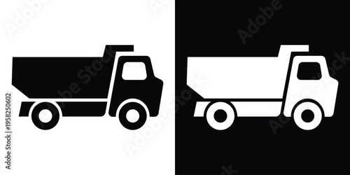 Solid black and white silhouette of a heavy-duty dump truck. Suitable for construction, logistics, industrial hauling, waste management, and heavy machinery transportation industry designs.