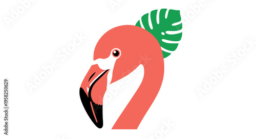 Pink Flamingo Head with Tropical Leaf, Minimalist Vector Illustration