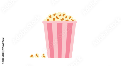 Pink striped bucket full of popcorn, isolated on white background