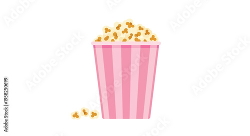 Pink striped popcorn bucket filled with kernels, isolated on white background