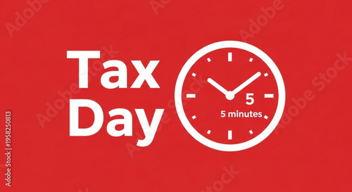 A vector graphic illustration of a clock and the words 'Tax Day' on a red background, symbolizing the deadline for tax filing.