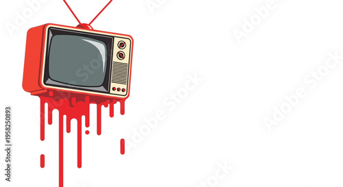 Retro Television Bleeding Red Liquid, Vintage TV Set with Dripping Paint