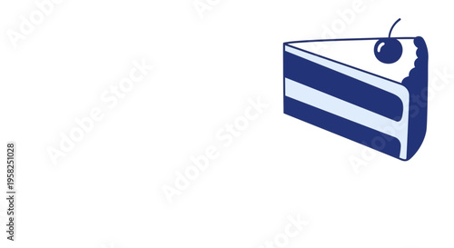 Slice of blue layered cake with cherry on top, isolated on white background