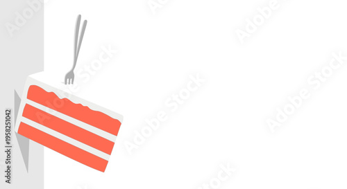 Slice of Coral Cake with Fork on White Background - Minimalist Dessert Illustration