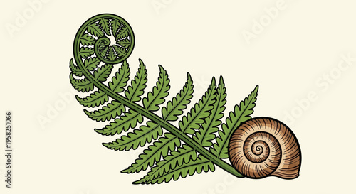 Snail Shell on Fern Frond, Nature Illustration, Botanical Art, Spiral Detail