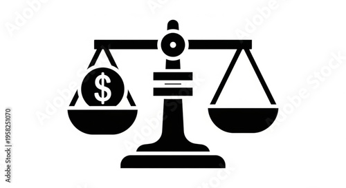 A black vector graphic of a scale with a dollar sign on one side, symbolizing financial balance and justice.