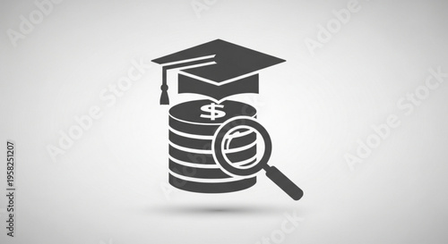 A vector graphic illustration of a graduation cap and coins with a magnifying glass, symbolizing education investment and financial analysis.