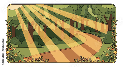 Sunbeams illuminate a forest path with autumn foliage