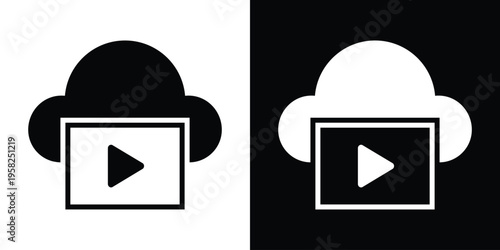 Vector illustration of a cloud icon combined with a video play button. Represents cloud-based media streaming, digital entertainment, online video storage, and modern content delivery services.