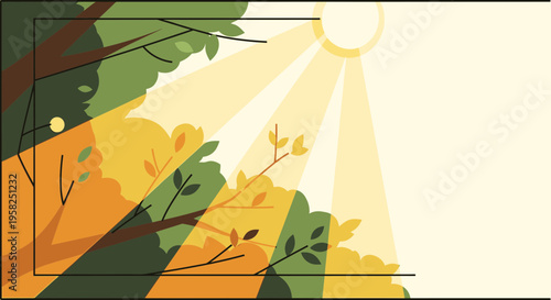 Sunlight Shining Through Forest Canopy, Autumn Leaves, Nature Illustration