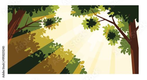 Sunlight Through Forest Canopy, Nature Rays, Green Leaves, Woodland Scene