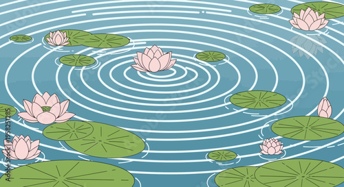 Tranquil Water Lilies Floating on Rippling Pond Surface, Zen Garden Concept
