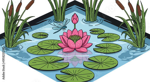 Tranquil Pond with Lotus Flower, Dragonflies and Cattails - Isometric Illustration