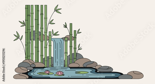 Tranquil Zen Garden Waterfall with Bamboo, Lotus Flowers and Rocks