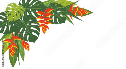 Tropical Corner Decoration: Monstera Leaves and Heliconia Flowers