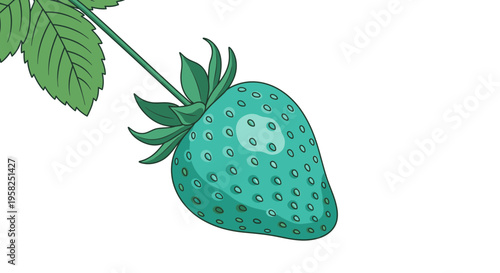 Turquoise Strawberry on Stem with Leaves, Isolated on White, Artistic Illustration