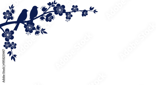 Two birds perched on a blooming branch with blue flowers and leaves, white background