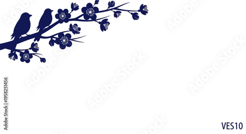 Two birds silhouette on blooming branch, dark blue, white background, spring