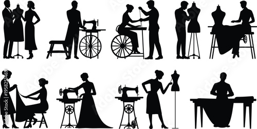 Fashion design tailoring silhouette vector illustration, sewing garment creation flat vector