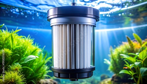 Modern Aquarium Filter Submerged in Lush Green Aquatic Plants.