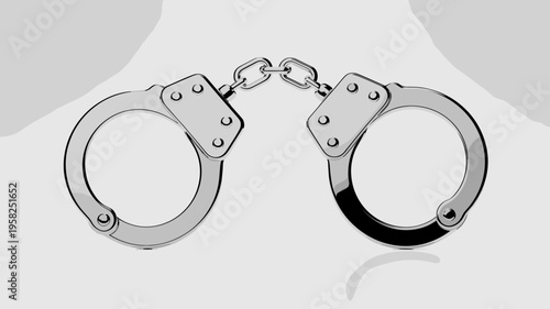 Shiny polished metal handcuffs isolated on a clean white background, symbols of criminal justice, law enforcement, arrest, authority, and imprisonment, representing legal detention and security concep